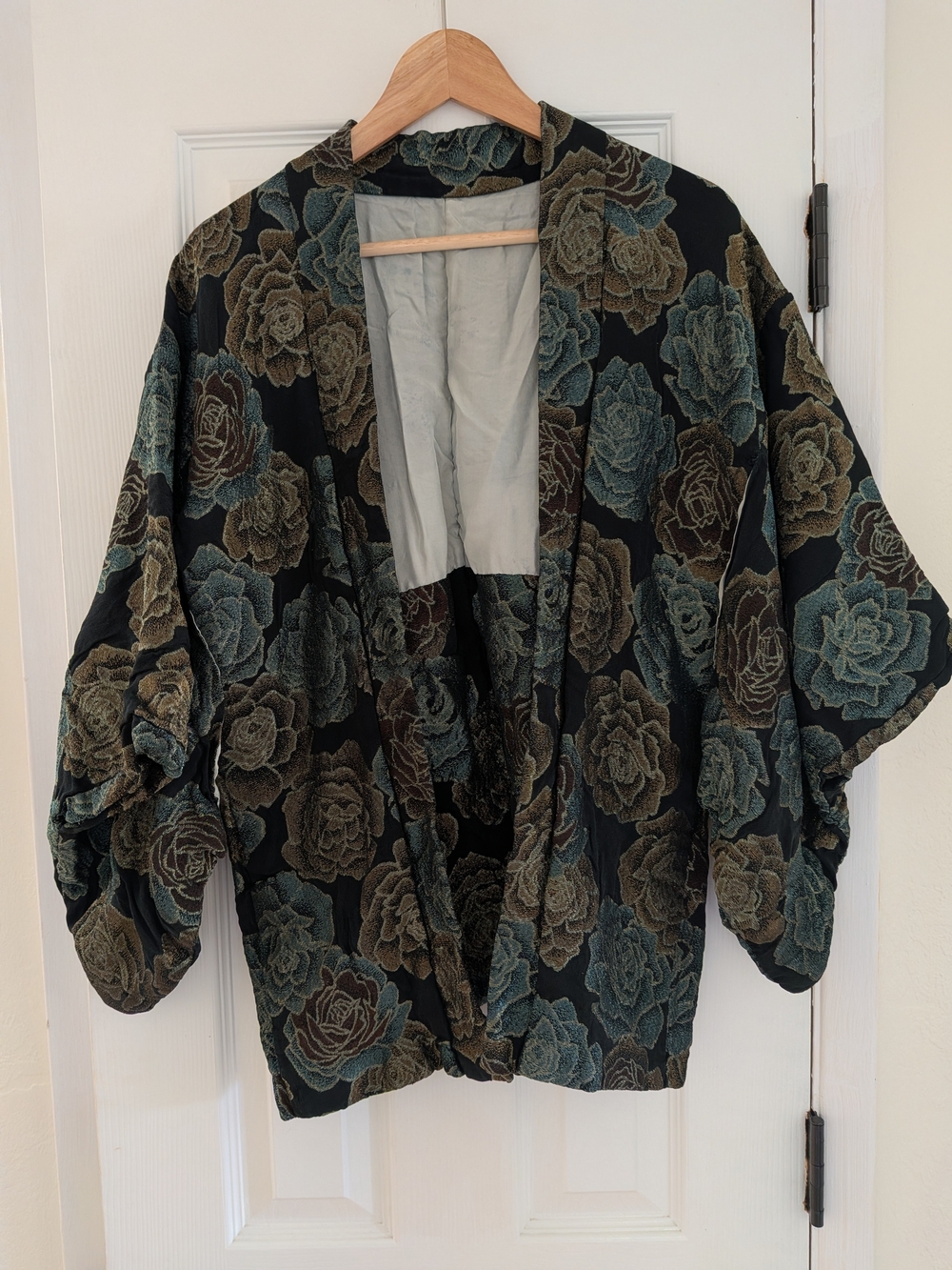 Vintage Green/Brown Rose Print Kimono Jacket Coat One Size